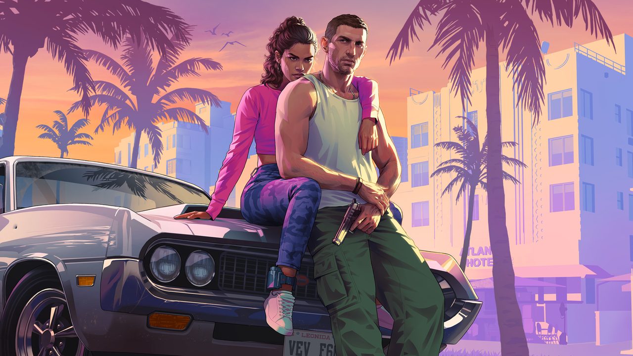 Lucia and Jason posing with a classic car under palm trees